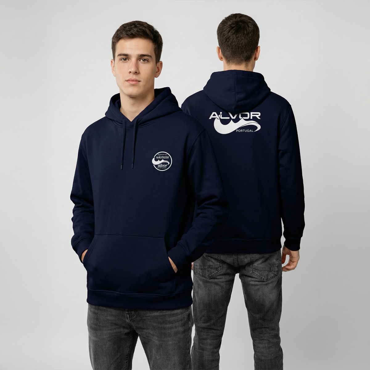 Sweat Alvor - Desportos Náuticos de Alvor, navy hoodie displayed front and back in a studio setting.